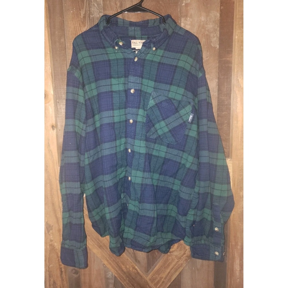 Woolrich Tall Pines Mens Green Blue  Plaid Flannel Button Down Shirt Size 2XL